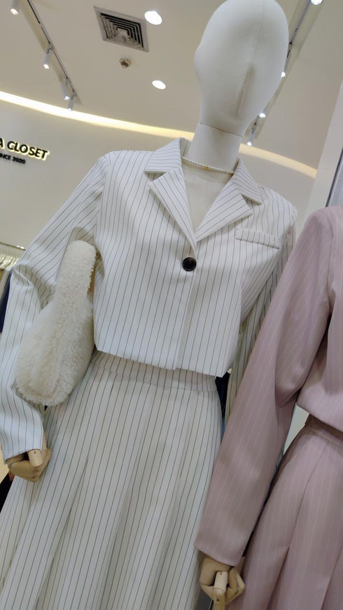 Stripes Collar Down Crop Blazer With Skirts Sets